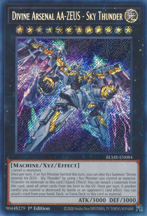 A Secret Rare "Divine Arsenal AA-Zeus - Sky Thunder" card from the Yugioh Set: Battles of Legend: Monstrous Revenge (BLMR).