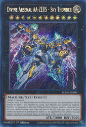 A Secret Rare "Divine Arsenal AA-Zeus - Sky Thunder" card from the Yugioh Set: Battles of Legend: Monstrous Revenge (BLMR).