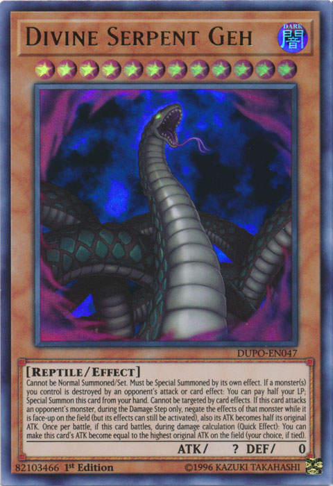 An Ultra Rare "Divine Serpent Geh" card from the Yugioh Set: Duel Power (DUPO).