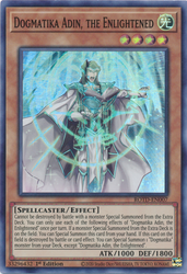 A Super Rare "Dogmatika Adin, the Enlightened" card from the Yugioh Set: Rise of the Duelist.