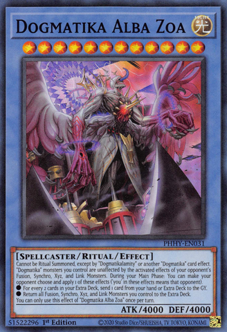 A Super Rare "Dogmatika Alba Zoa" card from the Yugioh Set: Photon Hypernova.