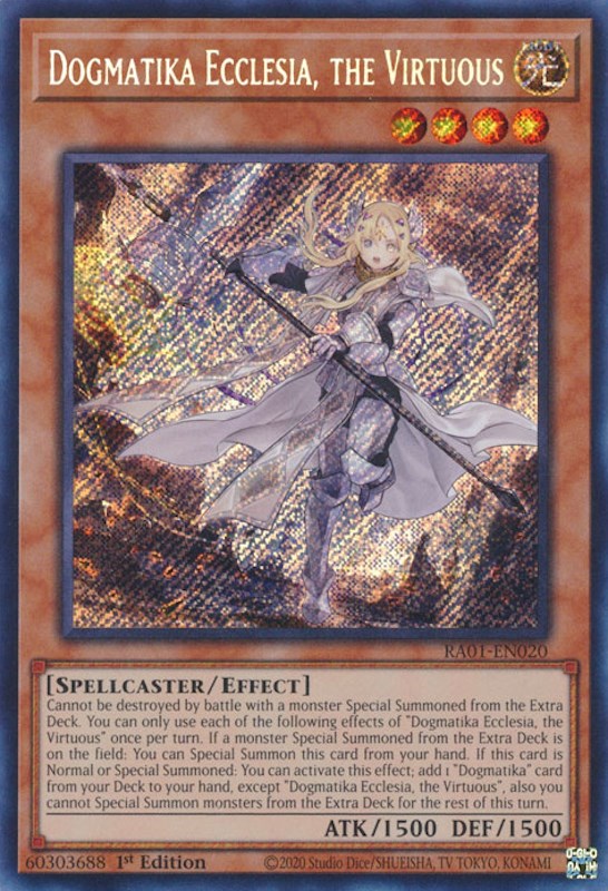 A Secret Rare "Dogmatika Ecclesia, the Virtuous" card from the Yugioh Set: Rarity Collection 1 