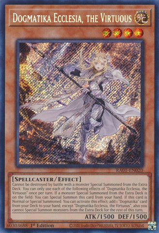 A Secret Rare "Dogmatika Ecclesia, the Virtuous" card from the Yugioh Set: Rarity Collection 1 