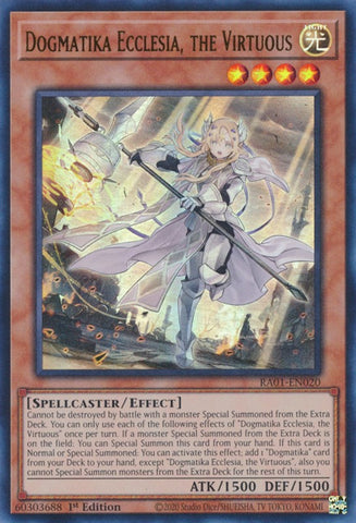 An Ultra Rare "Dogmatika Ecclesia, the Virtuous" card from the Yugioh Set: Rarity Collection 1 (RA01).