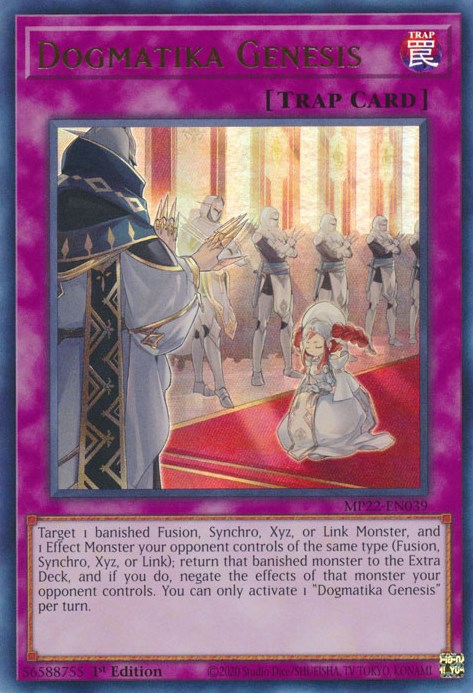 An Ultra Rare "Dogmatika Genesis" card from the Yugioh 2022 Tin of the Pharaoh's Gods Set (MP22).