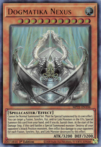 An Ultra Rare "Dogmatika Nexus" card from the Yugioh 2021 Tin of Ancient Battles (MP21).