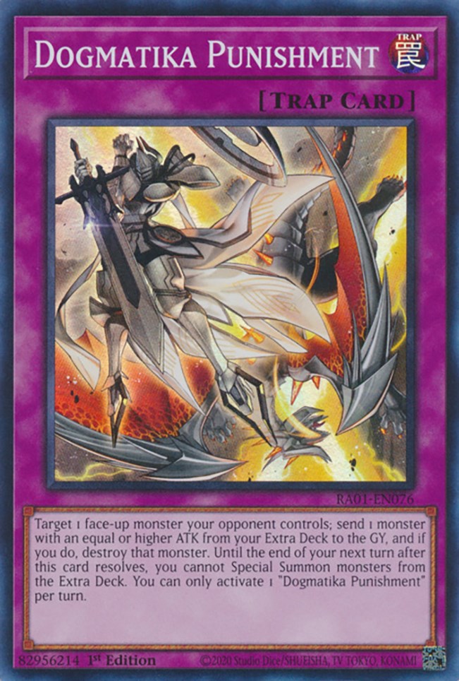 A Super Rare "Dogmatika Punishment" card from the Yugioh Set: Rarity Collection 1 