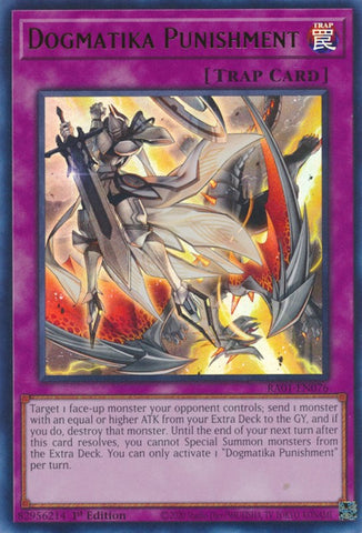An Ultra Rare "Dogmatika Punishment" card from the Yugioh Set: Rarity Collection 1 (RA01).