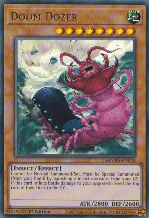 An Ultra Rare "Doom Dozer" card from the Yugioh Set: Magnificent Mavens.