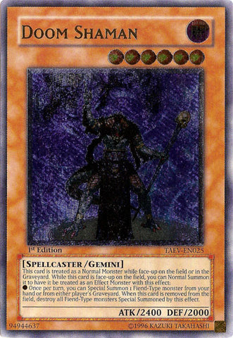 An Ultimate Rare "Doom Shaman" card from the Yugioh Set: Tactical Evolution (TAEV).