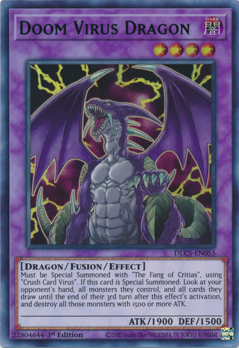 An Ultra Rare Blue "Doom Virus Dragon" card from the Yugioh Set: Dragons of Legend: The Complete Series.