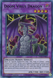 An Ultra Rare Blue "Doom Virus Dragon" card from the Yugioh Set: Dragons of Legend: The Complete Series.