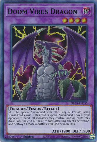An Ultra Rare Blue "Doom Virus Dragon" card from the Yugioh Set: Dragons of Legend: The Complete Series.