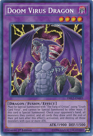A Secret Rare "Doom Virus Dragon" card from the Yugioh Set: Dragons of Legend 2 (DRL2).