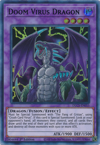 An Ultra Rare Green "Doom Virus Dragon" card from the Yugioh Set: Dragons of Legend: The Complete Series.