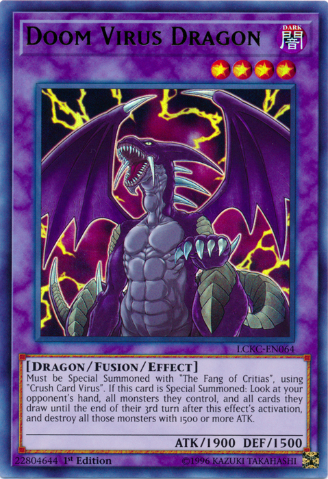 An Ultra Rare "Doom Virus Dragon" card from the Yugioh Set: Legendary Collection: Kaiba.