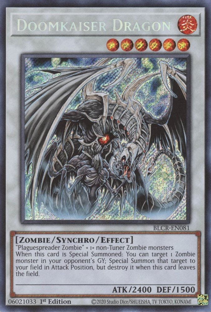 A Secret Rare "Doomkaiser Dragon" card from the Yugioh Set: Battles of Legend: Crystal Revenge.