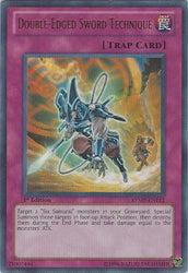An Ultra Rare "Double-Edged Sword Technique" card from the Yugioh Set: Ra Yellow Mega Pack (RYMP).