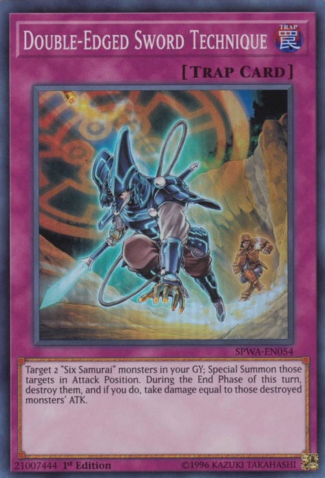 A Super Rare "Double-Edged Sword Technique" card from the Yugioh Set: Spirit Warriors (SPWA).