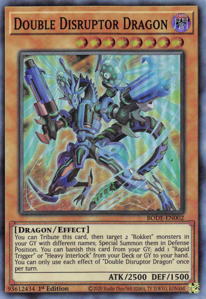  A Super Rare "Double Disruptor Dragon" card from the Yugioh Set: Burst of Destiny (BODE).