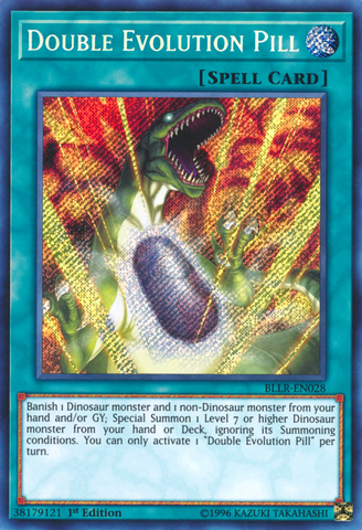  A Secret Rare "Double Evolution Pill" card from the Yugioh Set: Battles of Legend: Light's Revenge.