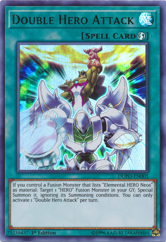 An Ultra Rare "Double Hero Attack" card from the Yugioh Set: Duel Power (DUPO).