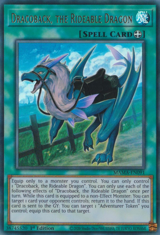 An Ultra Rare "Dracoback, the Rideable Dragon" card from the Yugioh Set: Magnificent Mavens (MAMA).