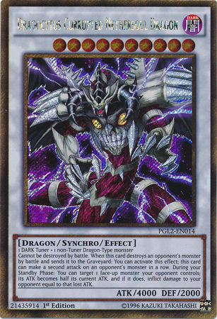 A Gold Secret Rare "Dragocytos Corrupted Nethersoul Dragon" card from the Yugioh Set: Premium Gold: Return of the Bling.