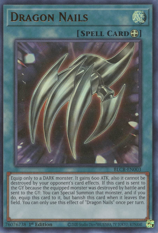 An Ultra Rare "Dragon Nails" card from the Yugioh Set: Battles of Legend: Crystal Revenge.