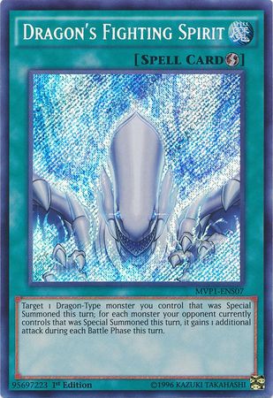 A Secret Rare "Dragon's Fighting Spirit" card from the Yugioh Set: The Dark Side of Dimensions: Movie Pack Secret Edition.