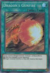 A Super Rare "Dragon's Gunfire" card from the Yugioh Set: Mystic Fighters.