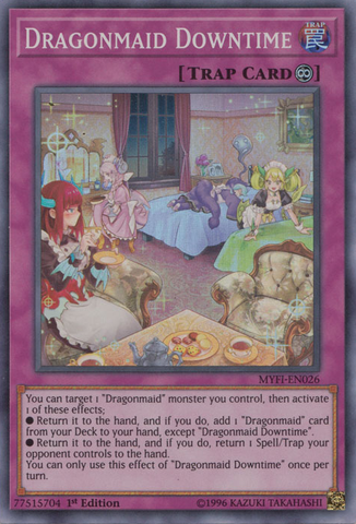 A Super Rare "Dragonmaid Downtime" card from the Yugioh Set: Mystic Fighters.