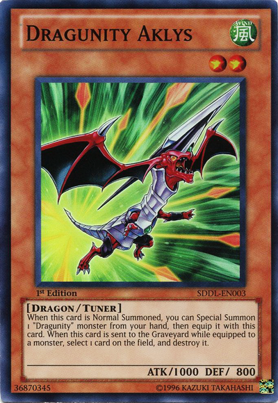 A Super Rare "Dragunity Aklys" card from the Yugioh Structure Deck: Dragunity Legion.