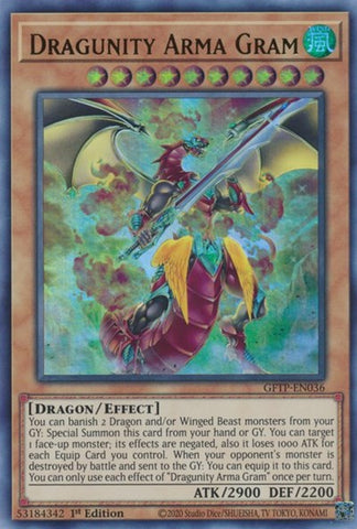 An Ultra Rare "Dragunity Arma Gram" card from the Yugioh Set: Ghosts From the Past.