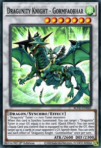 A Super Rare "Dragunity Knight - Gormfaobhar" card from the Yugioh Set: Blazing Vortex (BLVO).