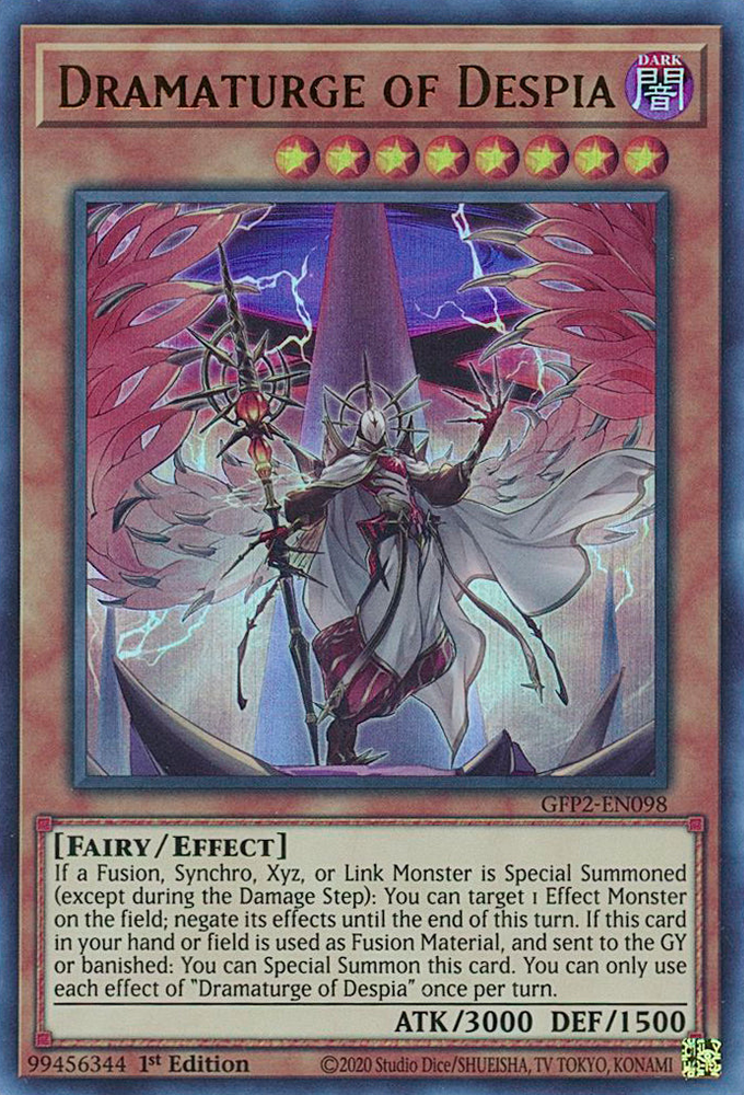  An Ultra Rare "Dramaturge of Despia" card from the Yugioh Set: Ghosts From the Past: The 2nd Haunting (GFP2).