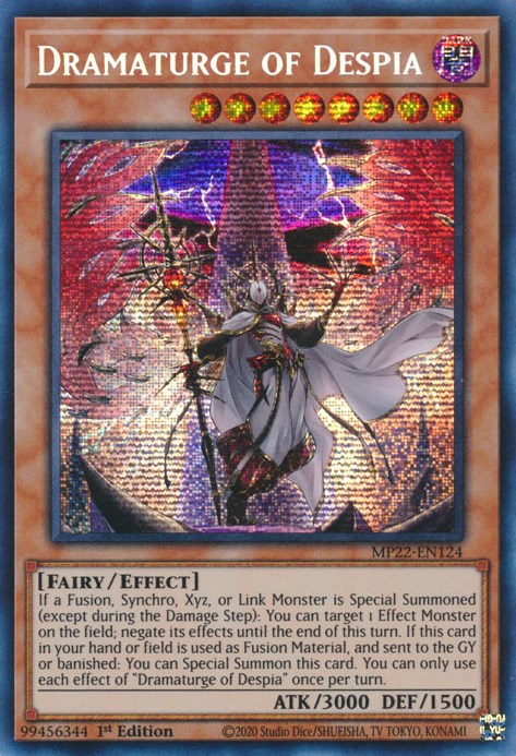 A Secret Rare "Dramaturge of Despia" card from the Yugioh 2022 Tin of the Pharaoh's Gods set.