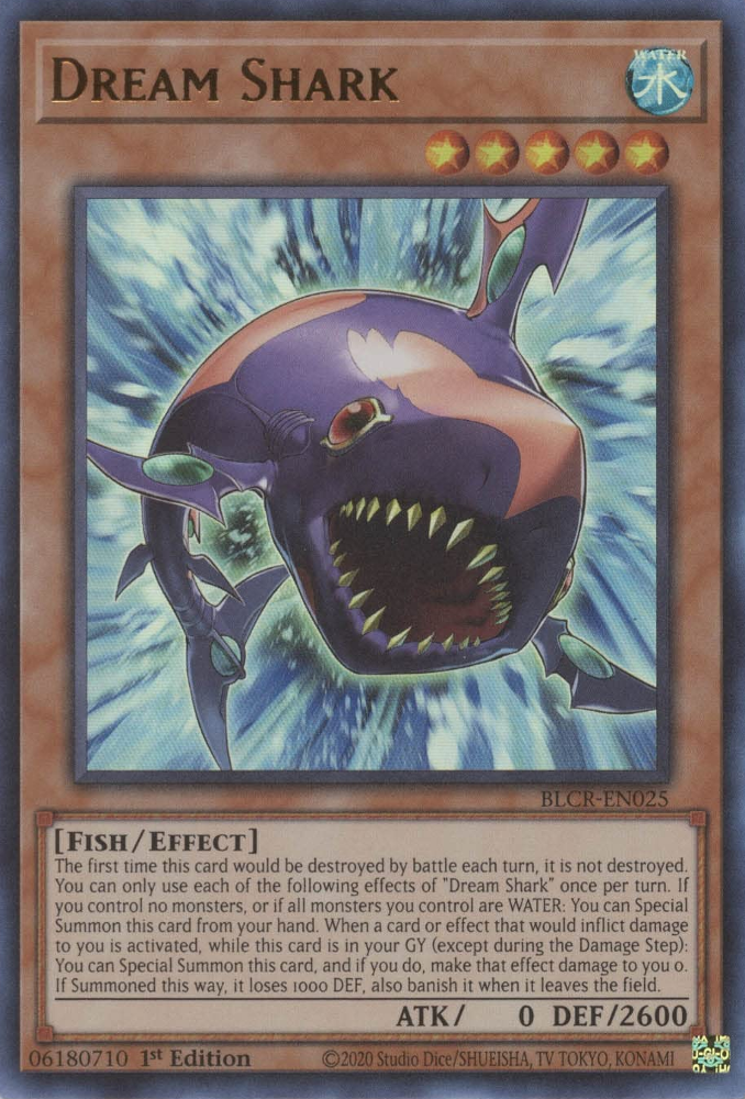 An Ultra Rare "Dream Shark" card from the Yugioh Set: Battles of Legend: Crystal Revenge.