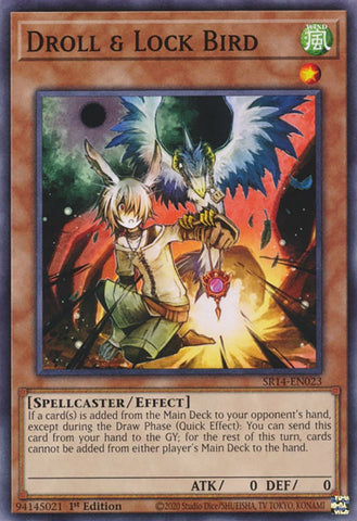 A Common "Droll & Lock Bird" card from the Yugioh Set: Structure Deck: Fire Kings (SR14).