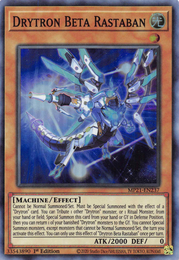 A Super Rare "Drytron Beta Rastaban" card from the Yugioh 2021 Tin of Ancient Battles (MP21).