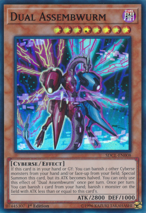 A Super Rare "Dual Assembwurm" card from the Yugioh Structure Deck: Cyberse Link.