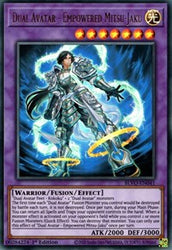 An Ultra Rare "Dual Avatar - Empowered Mitsu-Jaku" card from the Yugioh Set: Blazing Vortex (BLVO).