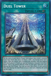 A Prismatic Secret Rare "Duel Tower" card from the Yugioh 2022 Tin of the Pharaoh's Gods Set.