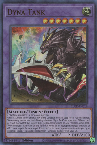 An Ultra Rare "Dyna Tank" card from the Yugioh Set: Battles of Legend: Crystal Revenge.