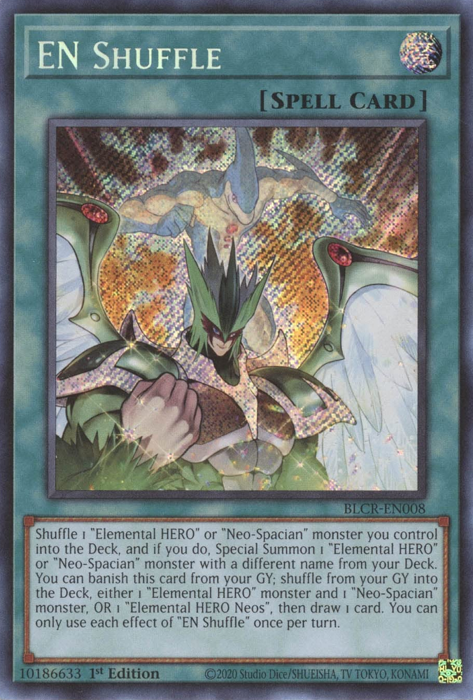  A Secret Rare "EN Shuffle" card from the Yugioh Set: Battles of Legend: Crystal Revenge (BLCR).