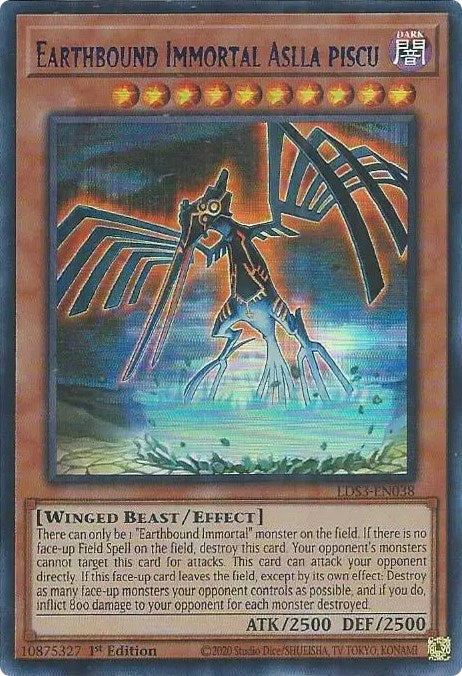 An Ultra Rare Blue "Earthbound Immortal Aslla Piscu" card from the Yugioh Set: Legendary Duelists: Season 3 (LDS3).