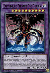 A Super Rare "Earthbound Servant Geo Grasha" card from the Yugioh Set: Maze of Millennia (MZMI).