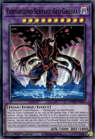 A Super Rare "Earthbound Servant Geo Grasha" card from the Yugioh Set: Maze of Millennia (MZMI).
