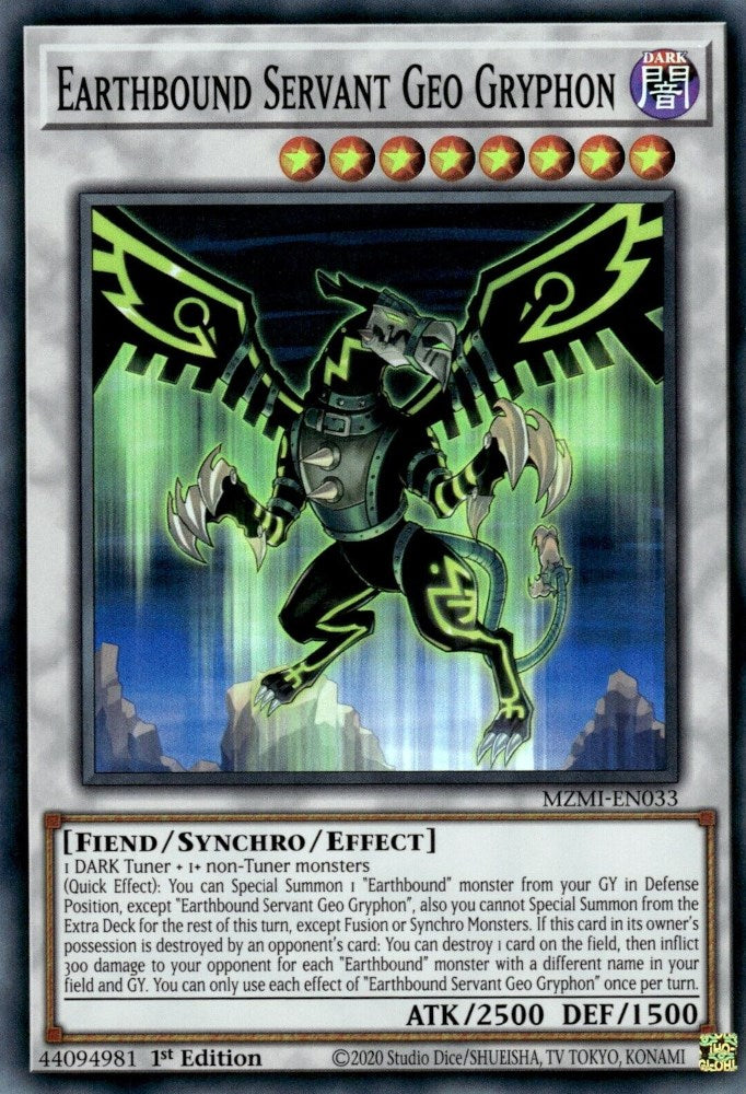 A Super Rare "Earthbound Servant Geo Gryphon" card from the Yugioh Set: Maze of Millennia (MZMI).