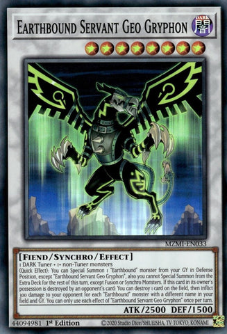 A Super Rare "Earthbound Servant Geo Gryphon" card from the Yugioh Set: Maze of Millennia (MZMI).